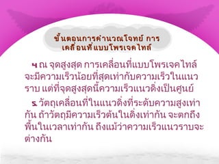 4.  ณ จุดสูงสุด การเคลื่อนที่แบบโพรเจคไทล์จะมีความเร็วน้อยที่สุดเท่ากับความเร็วในแนวราบ แต่ที่จุดสูงสุดนี้ความเร็วแนวดิ่งเป็นศูนย์ 5.  วัตถุเคลื่อนที่ในแนวดิ่งที่ระดับความสูงเท่ากัน ถ้าวัตถุมีความเร็วต้นในดิ่งเท่ากัน จะตกถึงพื้นในเวลาเท่ากัน ถึงแม้ว่าความเร็วแนวราบจะต่างกัน ขั้นตอนการคำนวณโจทย์ การเคลื่อนที่แบบโพรเจคไทล์ 