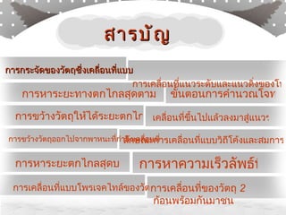 การกระจัดของวัตถุซึ่งเคลื่อนที่แบบโพรเจคไทล์ การหาระยะทางตกไกลสุดตามแนวราบ การขว้างวัตถุให้ได้ระยะตกไกลในแนวราบ การขว้างวัตถุออกไปจากพาหนะที่กำลังเคลื่อนที่ การหาระยะตกไกลสุดบนพื้นเอียง การเคลื่อนที่แบบโพรเจคไทล์ของวัตถุบนพื้นเอียง การเคลื่อนที่แนวระดับและแนวดิ่งของโพรเจคไทล์ ขั้นตอนการคำนวณโจทย์ เคลื่อนที่ขึ้นไปแล้วลงมาสู่แนวระดับเดิม การหาความเร็วลัพธ์ที่จุดใดๆ  การเคลื่อนที่ของวัตถุ  2  ก้อนพร้อมกันมาชน ลักษณะการเคลื่อนที่แบบวิถีโค้งและสมการการเคลื่อนที่ สารบัญ 