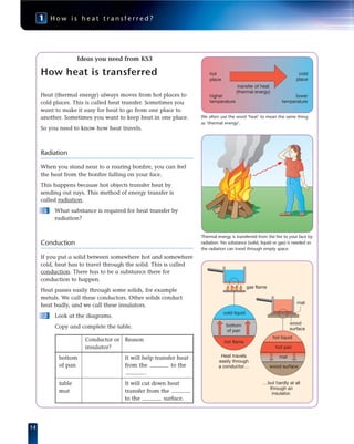 14
1 H o w i s h e a t t r a n s f e r r e d ?
higher
temperature
lower
temperature
hot
place
transfer of heat
(thermal energy)
cold
place
Ideas you need from KS3
How heat is transferred
Heat (thermal energy) always moves from hot places to
cold places. This is called heat transfer. Sometimes you
want to make it easy for heat to go from one place to
another. Sometimes you want to keep heat in one place.
So you need to know how heat travels.
Radiation
When you stand near to a roaring bonﬁre, you can feel
the heat from the bonﬁre falling on your face.
This happens because hot objects transfer heat by
sending out rays. This method of energy transfer is
called radiation.
1 What substance is required for heat transfer by
radiation?
Conduction
If you put a solid between somewhere hot and somewhere
cold, heat has to travel through the solid. This is called
conduction. There has to be a substance there for
conduction to happen.
Heat passes easily through some solids, for example
metals. We call these conductors. Other solids conduct
heat badly, and we call these insulators.
2 Look at the diagrams.
Copy and complete the table.
We often use the word ‘heat’ to mean the same thing
as ‘thermal energy’.
Thermal energy is transferred from the ﬁre to your face by
radiation. No substance (solid, liquid or gas) is needed so
the radiation can travel through empty space.
gas flame
hot liquid
hot pan
mat
wood surface
cold liquid
hot flame
mat
…but hardly at all
through an
insulator.
Heat travels
easily through
a conductor…
bottom
of pan
wood
surface
Conductor or Reason
insulator?
bottom It will help transfer heat
of pan from the to the
.
table It will cut down heat
mat transfer from the
to the surface.
 