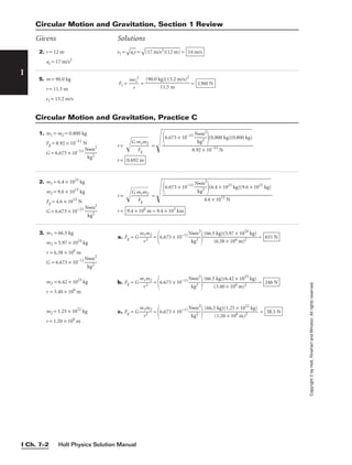 I
Copyright
©
by
Holt,
Rinehart
and
Winston.
All
rights
reserved.
Holt Physics Solution Manual
I Ch. 7–2
1. m1 = m2 = 0.800 kg
Fg = 8.92 × 10−11
N
G = 6.673 × 10−11

N
k
•
g
m
2
2

r = 
G
m
F
1
g
m
2

 = 
r = 0.692 m
6.673 × 10−11

N
k
•
g
m
2
2

(0.800 kg)(0.800 kg)

8.92 × 10−11
N
Circular Motion and Gravitation, Practice C
5. m = 90.0 kg
r = 11.5 m
vt = 13.2 m/s
Fc = 
m
r
vt
2
 = = 1360 N
(90.0 kg)(13.2 m/s)2

11.5 m
3. m1 = 66.5 kg
m2 = 5.97 × 1024
kg
r = 6.38 × 106
m
G = 6.673 × 10−11

N
k
•
g
m
2
2

m2 = 6.42 × 1023
kg
r = 3.40 × 106
m
m2 = 1.25 × 1022
kg
r = 1.20 × 106
m
a. Fg = G 
m
r
1m
2
2
 =
6.673 × 10−11

N
k
•
g
m
2
2

 =
b. Fg = G 
m
r
1m
2
2
 =
6.673 × 10−11

N
k
•
g
m
2
2

 =
c. Fg = G 
m
r
1m
2
2
 =
6.673 × 10−11

N
k
•
g
m
2
2

 = 38.5 N
(66.5 kg)(1.25 × 1022
kg)

(1.20 × 106
m)2
246 N
(66.5 kg)(6.42 × 1023
kg)

(3.40 × 106 m)2
651 N
(66.5 kg)(5.97 × 1024
kg)

(6.38 × 106 m)2
Circular Motion and Gravitation, Section 1 Review
Givens Solutions
2. r = 12 m
ac = 17 m/s2
vt =

acr
 =

(17 m/
s2
)(12
m)
 = 14 m/s
2. m1 = 6.4 × 1023
kg
m2 = 9.6 × 1015
kg
Fg = 4.6 × 1015
N
G = 6.673 × 10−11

N
k
•
g
m
2
2

r = 
G
m
F
1
g
m
2

 = 
r = 9.4 × 106
m = 9.4 × 103
km
6.673 × 10−11

N
k
•
g
m
2
2

(6.4 × 1023
kg)(9.6 × 1015
kg)

4.6 × 1015
N
 