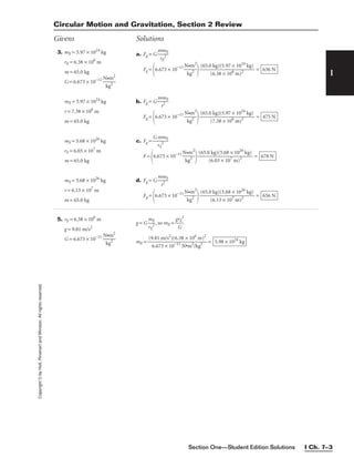 Section One—Student Edition Solutions I Ch. 7–3
I
Copyright
©
by
Holt,
Rinehart
and
Winston.
All
rights
reserved.
3. mE = 5.97 × 1024
kg
rE = 6.38 × 106
m
m = 65.0 kg
G = 6.673 × 10−11

N
k
•
g
m
2
2

mE = 5.97 × 1024
kg
r = 7.38 × 106
m
m = 65.0 kg
mS = 5.68 × 1026
kg
rS = 6.03 × 107
m
m = 65.0 kg
mS = 5.68 × 1026
kg
r = 6.13 × 107
m
m = 65.0 kg
a. Fg = G 
m
rE
m
2
E

Fg =
6.673 × 10−11

N
k
•
g
m
2
2

 =
b. Fg = G 
m
r
m
2
E

Fg =
6.673 × 10−11

N
k
•
g
m
2
2

 =
c. Fg = 
G
r
m
S
2
mS

F =
6.673 × 10−11

N
k
•
g
m
2
2

 =
d. Fg = G 
m
r
m
2
S

Fg =
6.673 × 10−11

N
k
•
g
m
2
2

 = 656 N
(65.0 kg)(5.68 × 1026
kg)

(6.13 × 107
m)2
678 N
(65.0 kg)(5.68 × 1026
kg)

(6.03 × 107
m)2
475 N
(65.0 kg)(5.97 × 1024
kg)

(7.38 × 106
m)2
636 N
(65.0 kg)(5.97 × 1024
kg)

(6.38 × 106
m)2
5. rE = 6.38 × 106
m
g = 9.81 m/s2
G = 6.673 × 10−11

N
k
•
g
m
2
2

g = G 
m
rE
E
2
, so mE = 
gr
G
E
2

mE = = 5.98 × 1024
kg
(9.81 m/s2
)(6.38 × 106
m)2

6.673 × 10−11
N•m2
/kg2
Circular Motion and Gravitation, Section 2 Review
Givens Solutions
 