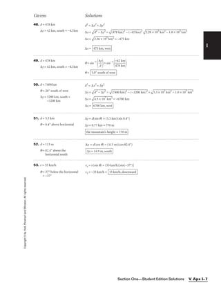 I
Givens Solutions
Copyright
©
by
Holt,
Rinehart
and
Winston.
All
rights
reserved.
Section One—Student Edition Solutions V Apx I–7
48. d = 478 km
∆y = 42 km, south = −42 km
d2
= ∆x2
+ ∆y2
∆x =

d
2
−
 ∆
y2
 =

(4
78
 k
m
)2
 −
 (
−
42
 k
m
)2


2.
28
 ×
 1
05
 k
m
2
−
 1
.8
 ×
 1
03
 k
m
2

∆x =

2.
26
 ×
 1
05
 k
m
2
 = −475 km
∆x = 475 km, west
49. d = 478 km
∆y = 42 km, south = −42 km
q = sin−1

∆
d
y

= sin−1

−
47
4
8
2
k
k
m
m


q = 5.0° south of west
50. d = 7400 km
q = 26° south of west
∆y = 3200 km, south =
−3200 km
d2
= ∆x2
= ∆y2
∆x =

d
2
−
 ∆
y2
 =

(7
40
0
km
)2
 −
 (
−
32
00
 k
m
)2
 =

5.
5
×
 1
07
 k
m
2
−
 1
.0
 ×
 1
07
 k
m
2

∆x =

4.
5
×
 1
07
 k
m
2
 = −6700 km
∆x = 6700 km, west
51. d = 5.3 km
q = 8.4° above horizontal
∆y = d(sin q) = (5.3 km)(sin 8.4°)
∆y = 0.77 km = 770 m
the mountain’s height = 770 m
52. d = 113 m
q = 82.4° above the
horizontal south
∆x = d(cos q) = (113 m)(cos 82.4°)
∆x = 14.9 m, south
53. v = 55 km/h
q = 37° below the horizontal
= −37°
vy = v(sin q) = (55 km/h)[sin(−37°)]
vy = −33 km/h = 33 km/h, downward
 
