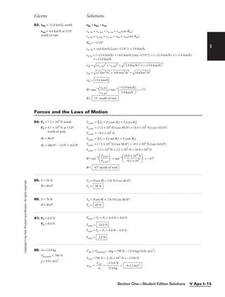 I
Givens Solutions
Copyright
©
by
Holt,
Rinehart
and
Winston.
All
rights
reserved.
Section One—Student Edition Solutions V Apx I–15
83. vbw = 12.0 km/h, south vbe = vbw + vwe
vwe = 4.0 km/h at 15.0° vx, be = vx, bw + vx, we = vwe(cos qwe)
south of east vy, be = vy, bw + vy, we = vbw + vwe(sin qwe)
qwe = −15.0°
vx, be = (4.0 km/h)[cos(−15.0°)] = 3.9 km/h
vy, be = (−12.0 km/h) + (4.0 km/h)[sin(−15.0°)] = (−12.0 km/h) + (−1.0 km/h)
= −13.0 km/h
vbe =

(v
x,
b
e)
2
+
 v
y,
be
)2
 =

(3
.9
 k
m
/h
)2
 +
 (
−
13
.0
 k
m
/h
)2

vbe =

15
 k
m
2
/
h
2
+
 1
69
 k
m
2
/
h
2
 =

18
4
km
2
/
h
2

vbe =
q = tan−1

v
v
x
y,
,
b
b
e
e

= tan−1

−
3
1
.
3
9
.0
km
km
/h
/h

= −73°
q = 73° south of east
13.6 km/h
Forces and the Laws of Motion
84. F1 = 7.5 × 104
N north
F2 = 9.5 × 104
N at 15.0°
north of west
q1 = 90.0°
q2 = 180.0° − 15.0° = 165.0°
Fx,net = Fx = F1(cos q1) + F2(cos q2)
Fx,net = (7.5 × 104
N)(cos 90.0°) + (9.5 × 104
N)(cos 165.0°)
Fx,net = −9.2 × 104
N
Fy,net = Fy = F1(sin q1) + F2(sin q2)
Fy,net = (7.5 × 104
N)(sin 90.0°) + (9.5 × 104
N)(sin 165.0°)
Fy,net = 7.5 × 104
N + 2.5 × 104
N = 10.0 × 104
N
q = tan−1
  = tan−1
  = −47°
q = 47° north of west
10.0 × 104
N

−9.2 × 104
Fy,net

Fx,net
85. F = 76 N
q = 40.0°
Fx = F(cos q) = (76 N)(cos 40.0°)
Fx = 58 N
86. F = 76 N
q = 40.0°
Fy = F(sin q) = (76 N)(sin 40.0°)
Fy = 49 N
87. F1 = 6.0 N
F2 = 8.0 N
Fmax = F1 + F2 = 6.0 N + 8.0 N
Fmax =
Fmin = F2 − F1 = 8.0 N − 6.0 N
Fmin = 2.0 N
14.0 N
88. m = 214 kg
Fbuoyant = 790 N
g = 9.81 m/s2
Fnet = Fbuoyant − mg = 790 N − (214 kg)(9.81 m/s2
)
Fnet = 790 N − 2.10 × 103
N = −1310 N
anet = = = −6.12 m/s2
−1310 N

214 kg
Fnet

m
 