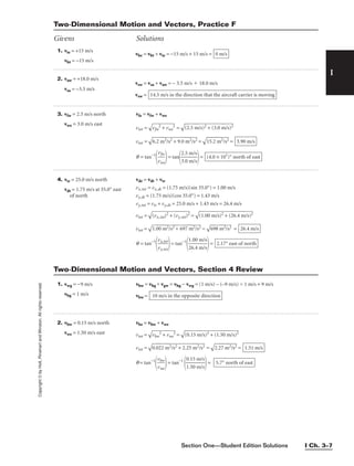 Section One—Student Edition Solutions I Ch. 3–7
I
Copyright
©
by
Holt,
Rinehart
and
Winston.
All
rights
reserved.
1. vte = +15 m/s
vbt = −15 m/s
vbe = vbt + vte = −15 m/s + 15 m/s = 0 m/s
2. vaw = +18.0 m/s
vsa = −3.5 m/s
vsw = vsa + vaw = − 3.5 m/s  18.0 m/s
vsw = 14.5 m/s in the direction that the aircraft carrier is moving
Two-Dimensional Motion and Vectors, Practice F
Givens Solutions
3. vfw = 2.5 m/s north
vwe = 3.0 m/s east
vfe = vfw + vwe
vtot =

vf
w
2
+
 v
w
e
2
 =

(2
.5
 m
/s
)2
 +
 (
3.
0
m
/s
)2

vtot =

6.
2
m
2/
s2
 +
 9
.0
 m
2/
s2
 =

15
.2
 m
2/
s2
 =
q = tan−1

v
v
w
fw
e

= tan

2
3
.
.
5
0
m
m
/
/
s
s

= (4.0 × 101
)° north of east
3.90 m/s
4. vtr = 25.0 m/s north
vdt = 1.75 m/s at 35.0° east
of north
vdr = vdt + vtr
vx,tot = vx,dt = (1.75 m/s)(sin 35.0°) = 1.00 m/s
vy,dt = (1.75 m/s)(cos 35.0°) = 1.43 m/s
vy,tot = vtr + vy,dt = 25.0 m/s + 1.43 m/s = 26.4 m/s
vtot =

(v
x,
to
t)
2
+
 (
vy
,to
t)
2
 =

(1
.0
0
m
/s
)2
 +
 (
26
.4
 m
/s
)2

vtot =

1.
00
 m
2/
s2
 +
 6
97
 m
2/
s2
 =

69
8
m
2/
s2
 =
q = tan−1

v
v
x
y,
,
t
t
o
o
t
t

= tan−1

1
2
.
6
0
.
0
4
m
m
/
/
s
s

= 2.17° east of north
26.4 m/s
Two-Dimensional Motion and Vectors, Section 4 Review
1. vwg = −9 m/s vbw = vbgvgw = vbg − vwg = (1 m/s) – (–9 m/s) = 1 m/s + 9 m/s
vbg = 1 m/s vbw =
2. vbw = 0.15 m/s north vbe = vbw + vwe
vwe = 1.50 m/s east vtot =

vb
w
2
+
 v
w
e
2
 =

(0
.1
5
m
/s
)2
 +
 (
1.
50
 m
/s
)2

vtot =

0.
02
2
m
2/
s2
 +
 2
.2
5
m
2/
s2
 =

2.
27
 m
2/
s2
 =
q = tan−1

v
v
b
w
w
e

= tan−1

0
1
.
.
1
5
5
0
m
m
/
/
s
s

= 5.7° north of east
1.51 m/s
10 m/s in the opposite direction
 