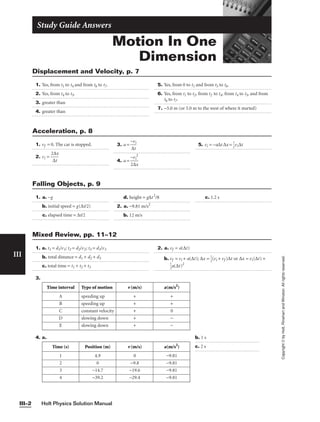 Motion In One
Dimension
Study Guide Answers
1. Yes, from t1 to t4 and from t6 to t7.
2. Yes, from t4 to t5.
3. greater than
4. greater than
5. Yes, from 0 to t1 and from t5 to t6.
6. Yes, from t1 to t2, from t2 to t4, from t4 to t5, and from
t6 to t7.
7. −5.0 m (or 5.0 m to the west of where it started)
Displacement and Velocity, p. 7
Holt Physics Solution Manual
III–2
III
Copyright
©
by
Holt,
Rinehart
and
Winston.
All
rights
reserved.
1. vf = 0. The car is stopped.
2. vi = 
2
∆
∆
t
x

3. a = 
−
∆
v
t
i

4. a = 
−
2∆
vi
x
2

5. vi = −a∆t ∆x = 
1
2
vi∆t
Acceleration, p. 8
1. a. −g
b. initial speed = g(∆t/2)
c. elapsed time = ∆t/2
d. height = g∆t2
/8
2. a. −9.81 m/s2
b. 12 m/s
2. a. vf = a(∆t)
b. vf = vi + a(∆t); ∆x = 
1
2
(vi + vf )∆t or ∆x = vi(∆t) +

1
2
a(∆t)2
c. 1.2 s
Falling Objects, p. 9
1. a. t1 = d1/v1; t2 = d2/v2; t3 = d3/v3
b. total distance = d1 + d2 + d3
c. total time = t1 + t2 + t3
3.
Time interval Type of motion v (m/s) a(m/s2
)
A speeding up + +
B speeding up + +
C constant velocity + 0
D slowing down + −
E slowing down + −
4. a. b. 1 s
c. 2 s
Time (s) Position (m) v (m/s) a(m/s2
)
1 4.9 0 −9.81
2 0 −9.8 −9.81
3 −14.7 −19.6 −9.81
4 −39.2 −29.4 −9.81
Mixed Review, pp. 11–12
 