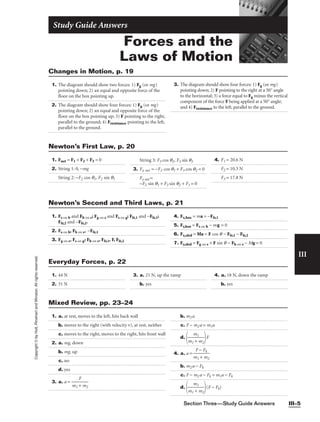 Section Three—Study Guide Answers III–5
III
Copyright
©
by
Holt,
Rinehart
and
Winston.
All
rights
reserved.
Forces and the
Laws of Motion
Study Guide Answers
1. The diagram should show two forces: 1) Fg (or mg)
pointing down; 2) an equal and opposite force of the
floor on the box pointing up.
2. The diagram should show four forces: 1) Fg (or mg)
pointing down; 2) an equal and opposite force of the
floor on the box pointing up; 3) F pointing to the right,
parallel to the ground; 4) Fresistance pointing to the left,
parallel to the ground.
3. The diagram should show four forces: 1) Fg (or mg)
pointing down; 2) F pointing to the right at a 50° angle
to the horizontal; 3) a force equal to Fg minus the vertical
component of the force F being applied at a 50° angle;
and 4) Fresistance to the left, parallel to the ground.
Changes in Motion, p. 19
1. Fnet = F1 + F2 + F3 = 0
2. String 1: 0, −mg
String 2: −F2 cos q1, F2 sin q1
String 3: F3 cos q2, F3 sin q2
3. Fx net = −F2 cos q1 + F3 cos q2 = 0
Fy net =
−F2 sin q1 + F3 sin q2 + F1 = 0
4. F1 = 20.6 N
F2 = 10.3 N
F3 = 17.8 N
Newton’s First Law, p. 20
1. Fs on b and Fb on s; Fg on s and Fs on g; Ffr,1 and −Ffr,1;
Ffr,2 and −Ffr,2.
2. Fs on b, Fb on s, −Ffr,1
3. Fg on s, Fs on g; Fb on s, Ffr,1, F, Ffr,2
4. Fx,box = ma = −Ffr,1
5. Fy,box = Fs on b − mg = 0
6. Fx,sled = Ma = F cos q − Ffr,1 − Ffr,2
7. Fy,sled = Fg on s + F sin q − Fb on s − Mg = 0
Newton’s Second and Third Laws, p. 21
1. 44 N
2. 31 N
3. a. 21 N, up the ramp
b. yes
4. a. 18 N, down the ramp
b. yes
Everyday Forces, p. 22
1. a. at rest, moves to the left, hits back wall
b. moves to the right (with velocity v), at rest, neither
c. moves to the right, moves to the right, hits front wall
2. a. mg, down
b. mg, up
c. no
d. yes
3. a. a = 
m1 +
F
m2

b. m2a
c. F − m2a = m1a
d.

m1
m
+
1
m2

F
4. a. a = 
m
F
1
−
+
F
m
k
2

b. m2a − Fk
c. F − m2a − Fk = m1a − Fk
d.

m1
m
+
1
m2

(F − Fk)
Mixed Review, pp. 23–24
 