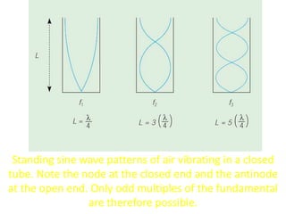 Standing sine wave patterns of air vibrating in a closed
tube. Note the node at the closed end and the antinode
at the open end. Only odd multiples of the fundamental
are therefore possible.
 