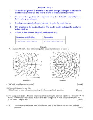 6
6
!#$#%#''()#*##
-.# /!#('01#+#23'!#!4#54!#!4#+#16'7#!8'7#8189'#!1#:+)''#9(0#
5#!#'(##''.##/+#('01##4!16#!4#4!1639(#'#!#(8(;9.##B
W.X /!#('01#+#23'!'#!4#!68(1'!7#'(#+#'69(1'#(5#5441'#
;0#+#,Y##5(,1(6'#.#
B
].X ^'#5(,1(6'#!1#,1(8+'#0+Y1#''(1)#!#6(_#+#8!'#9(11.#
B
b.# :()#(!#!#+#6(1_'#(99!(5.##/+#6(1_'#3'3(99)#5('#+#36;1#!4#
8!'#12315.#B
d.X e'01##(;9#4!16#4!1#'3,,'5#6!54(!'.#.,#
#
3,,'5#6!54(!'# h89((!#
iiiiiiiiiii.# iiiiiiiiii..#
# #
#
Example:
9. Diagrams 9.1 and 9.2 show interference patterns using coherent sources of waves, λ.
Diagram 9.1 diagram 9.2
a (i) What is meant by coherent waves ? [1mark]
ii) Compare Diagrams 9.1 and 9.2.
Relate λ and x to make a deduction regarding the relationship of both quantities. [5 marks ]
b) Two loudspeakers placed 1.5 m apart are connected to an audio signal generator adjusted to a frequency 600 Hz.
When a student walks at a distance of 3.0 m in front of the loudspeakers he hears four consecutive loud and
3 soft sounds . Explain why? [ 4 marks ]
c) i) Explain why the wavefronts in the sea follow the shape of the coastline as the water becomes
shallower. [ 4 marks ]
 
