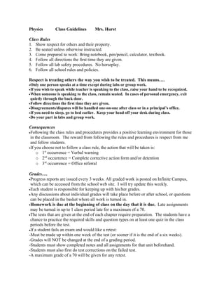 Physics        Class Guidelines        Mrs. Hurst

Class Rules
1. Show respect for others and their property.
2. Be seated unless otherwise instructed.
3. Come prepared to work: Bring notebook, pen/pencil, calculator, textbook.
4. Follow all directions the first time they are given.
5. Follow all lab safety procedures. No horseplay.
6. Follow all school rules and policies.

Respect is treating others the way you wish to be treated. This means….
•Only  one person speaks at a time except during labs or group work.
•If you wish to speak while teacher is speaking to the class, raise your hand to be recognized.
•When someone is speaking to the class, remain seated. In cases of personal emergency, exit
 quietly through the back door.
•Follow directions the first time they are given.
•Disagreements/disputes will be handled one-on-one after class or in a principal’s office.
•If you need to sleep, go to bed earlier. Keep your head off your desk during class.
•Do your part in labs and group work.


Consequences
•Following the class rules and procedures provides a positive learning environment for those
 in the classroom. The reward from following the rules and procedures is respect from me
 and fellow students.
•If you choose not to follow a class rule, the action that will be taken is:
     o 1st occurrence = Verbal warning
     o 2nd occurrence = Complete corrective action form and/or detention
     o 3rd occurrence = Office referral

Grades….
•Progress reports are issued every 3 weeks. All graded work is posted on Infinite Campus,
 which can be accessed from the school web site. I will try update this weekly.
•Each student is responsible for keeping up with his/her grades.
•Any discussions about individual grades will take place before or after school, or questions
 can be placed in the basket where all work is turned in.
•Homework is due at the beginning of class on the day that it is due. Late assignments
 may be turned in up to 1 class period late for a maximum of a 70.
•The tests that are given at the end of each chapter require preparation. The students have a
 chance to practice the required skills and question types on at least one quiz in the class
 periods before the test.
•If a student fails an exam and would like a retest:
-Must be made up within one week of the test (or sooner if it is the end of a six weeks).
-Grades will NOT be changed at the end of a grading period.
-Students must show completed notes and all assignments for that unit beforehand.
-Students must also first do test corrections on the failed test.
-A maximum grade of a 70 will be given for any retest.
 