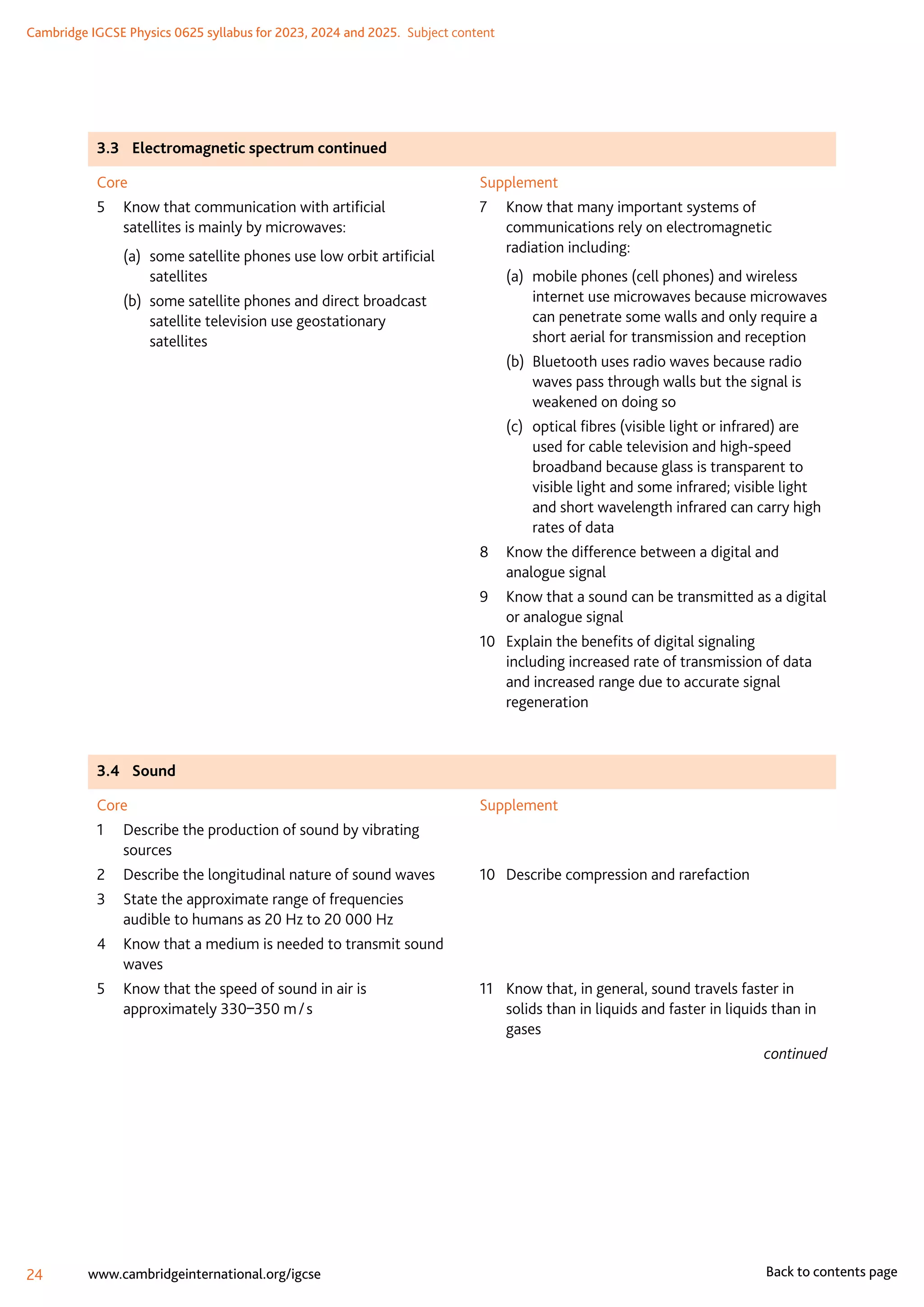 Cambridge IGCSE Physics 0625 syllabus for 2023, 2024 and 2025.  Subject content
24 www.cambridgeinternational.org/igcse Back to contents page
3.3	 Electromagnetic spectrum continued
Core
5	
Know that communication with artificial
satellites is mainly by microwaves:
(a)	
some satellite phones use low orbit artificial
satellites
(b)	
some satellite phones and direct broadcast
satellite television use geostationary
satellites
Supplement
7	
Know that many important systems of
communications rely on electromagnetic
radiation including:
(a)	
mobile phones (cell phones) and wireless
internet use microwaves because microwaves
can penetrate some walls and only require a
short aerial for transmission and reception
(b)	
Bluetooth uses radio waves because radio
waves pass through walls but the signal is
weakened on doing so
(c)	
optical fibres (visible light or infrared) are
used for cable television and high-speed
broadband because glass is transparent to
visible light and some infrared; visible light
and short wavelength infrared can carry high
rates of data
8	
Know the difference between a digital and
analogue signal
9	
Know that a sound can be transmitted as a digital
or analogue signal
10	
Explain the benefits of digital signaling
including increased rate of transmission of data
and increased range due to accurate signal
regeneration
3.4	Sound
Core
1	
Describe the production of sound by vibrating
sources
2	
Describe the longitudinal nature of sound waves
3	
State the approximate range of frequencies
audible to humans as 20 Hz to 20 000 Hz
4	
Know that a medium is needed to transmit sound
waves
5	
Know that the speed of sound in air is
approximately 330–350 m / s
Supplement
10	 Describe compression and rarefaction
11	
Know that, in general, sound travels faster in
solids than in liquids and faster in liquids than in
gases
continued
 
