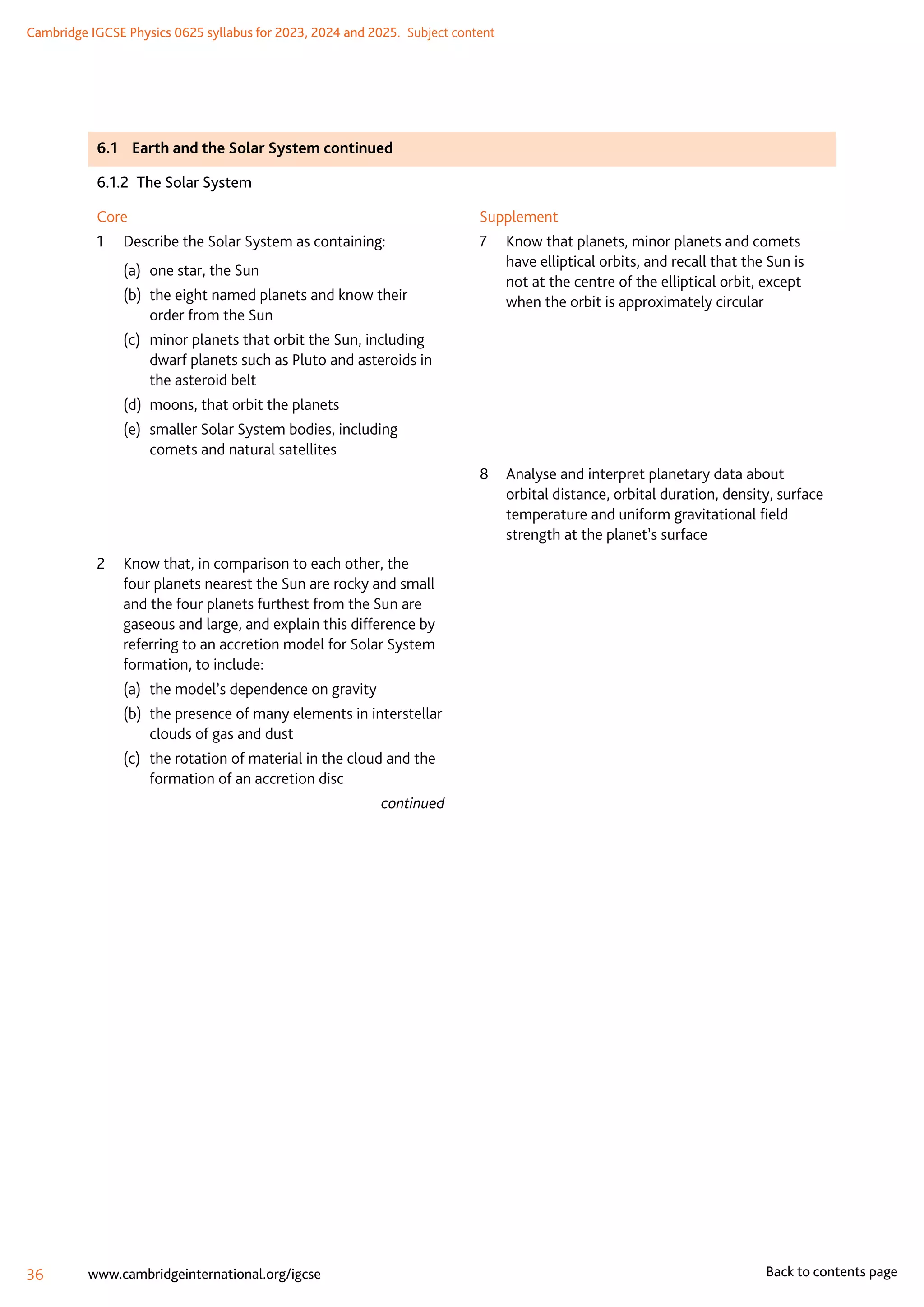 Cambridge IGCSE Physics 0625 syllabus for 2023, 2024 and 2025.  Subject content
36 www.cambridgeinternational.org/igcse Back to contents page
6.1	 Earth and the Solar System continued
6.1.2  The Solar System
Core
1	 Describe the Solar System as containing:
(a)	 one star, the Sun
(b)	
the eight named planets and know their
order from the Sun
(c)	
minor planets that orbit the Sun, including
dwarf planets such as Pluto and asteroids in
the asteroid belt
(d)	 moons, that orbit the planets
(e)	
smaller Solar System bodies, including
comets and natural satellites
2	
Know that, in comparison to each other, the
four planets nearest the Sun are rocky and small
and the four planets furthest from the Sun are
gaseous and large, and explain this difference by
referring to an accretion model for Solar System
formation, to include:
(a)	 the model’s dependence on gravity
(b)	
the presence of many elements in interstellar
clouds of gas and dust
(c)	
the rotation of material in the cloud and the
formation of an accretion disc
continued
Supplement
7	
Know that planets, minor planets and comets
have elliptical orbits, and recall that the Sun is
not at the centre of the elliptical orbit, except
when the orbit is approximately circular
8	
Analyse and interpret planetary data about
orbital distance, orbital duration, density, surface
temperature and uniform gravitational field
strength at the planet’s surface
 