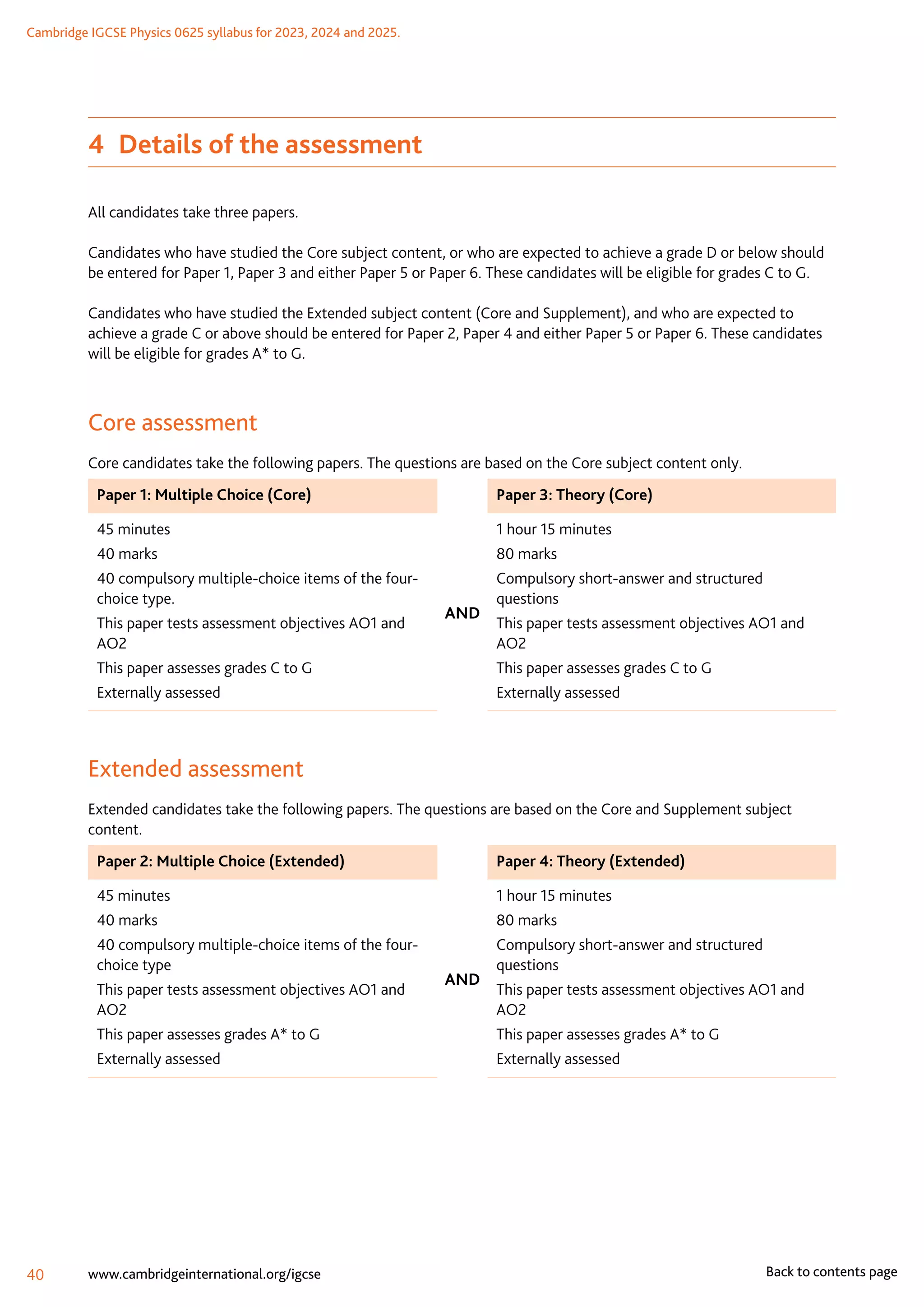 Cambridge IGCSE Physics 0625 syllabus for 2023, 2024 and 2025.
40 www.cambridgeinternational.org/igcse Back to contents page
4  Details of the assessment
All candidates take three papers.
Candidates who have studied the Core subject content, or who are expected to achieve a grade D or below should
be entered for Paper 1, Paper 3 and either Paper 5 or Paper 6. These candidates will be eligible for grades C to G.
Candidates who have studied the Extended subject content (Core and Supplement), and who are expected to
achieve a grade C or above should be entered for Paper 2, Paper 4 and either Paper 5 or Paper 6. These candidates
will be eligible for grades A* to G.
Core assessment
Core candidates take the following papers. The questions are based on the Core subject content only.
Paper 1: Multiple Choice (Core) Paper 3: Theory (Core)
45 minutes
40 marks
40 compulsory multiple-choice items of the four-
choice type.
This paper tests assessment objectives AO1 and
AO2
This paper assesses grades C to G
Externally assessed
AND
1 hour 15 minutes
80 marks
Compulsory short-answer and structured
questions
This paper tests assessment objectives AO1 and
AO2
This paper assesses grades C to G
Externally assessed
Extended assessment
Extended candidates take the following papers. The questions are based on the Core and Supplement subject
content.
Paper 2: Multiple Choice (Extended) Paper 4: Theory (Extended)
45 minutes
40 marks
40 compulsory multiple-choice items of the four-
choice type
This paper tests assessment objectives AO1 and
AO2
This paper assesses grades A* to G
Externally assessed
AND
1 hour 15 minutes
80 marks
Compulsory short-answer and structured
questions
This paper tests assessment objectives AO1 and
AO2
This paper assesses grades A* to G
Externally assessed
 