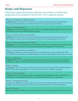 PHYSICS LOGIN TO CANVAS FOR MORE INFORMATION
Scope and Sequence
Following is a proposed schedule of the topics we will discuss and the major
assignments to be completed in the Fall Term. This is subject to change!
4
Week 1 - Introduction and Kinematics
CHAPTERS 1 & 2: The scientiﬁc method is one of civilization’s greatest inventions. Displacement,
velocity, and acceleration help us quantify the motion of an object in a single dimension.
Week 2 - Projectile Motion
CHAPTER 3: Gravity has a big impact on the motion of a projectile (anything we kick, throw, or launch!).
How well can you shoot a basketball without gravity?
Week 3 - Newton’s First Law of Motion
CHAPTER 4: All objects in the universe are lazy! They want to keep doing what they’re doing. Your
phone wants to keep resting in your backpack. The earth wants to keep going around the sun.
Week 4 - Newton’s Second Law of Motion
CHAPTER 5: F=ma. This law deﬁnes how force affects acceleration and is perhaps the most famous and
important law in all of physics. This law led to several major “turning points” in world history.
Week 5 - Newton’s Third Law of Motion
CHAPTER 6: A single force cannot exist on its own. It must be part of an action/reaction pair, which
means that forces must always be exerted between two objects. What happens when you punch a wall?
Week 6 - Momentum
CHAPTER 7: Momentum is directly proportional to an object’s mass and velocity. In a closed system
momentum is always conserved. Seems boring, but we couldn’t have landed on the moon without it.
Week 7 - Energy
CHAPTER 8: All forms of energy are either kinetic or potential, but energy can be transferred between
the two. That’s why rollercoasters are so much fun! Like momentum, energy is conserved.
Week 8 - Circular Motion
CHAPTER 9: What is the difference between centripetal and centrifugal force? Does centrifugal force
even exist? By manipulating these forces, we could actually create “gravity” in space ships.
Week 9 - Independent Project
Complete an independent creative project on a topic from a list of given options. Topics will be directly
related to what we have studied this term, but there will be latitude for individual interpretation.
Week 10 - Review
Reinforce previously learned concepts, practice problem solving, and general review for the ﬁnal exam.
 