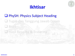 Ikhtisar
 PhySH: Physics Subject Heading
 Tugas dan Tanggung Jawab Dosen
 Riset
 Hasil Repelita & Tridarma
28/09/2023 3
 