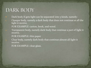Dark body if gets light can be separated into 3 kinds, namely:Opaque body, namely a dark body that does not continue at all the light it receive. 	FOR EXAMPLE: carton, book, and wood.Transparent body, namely dark body that continue a part of light it receive. 	FOR EXAMPLE: thin paperClear body, namely dark body that continue almost all light it receive. 	FOR EXAMPLE: clear glass.DARK BODY