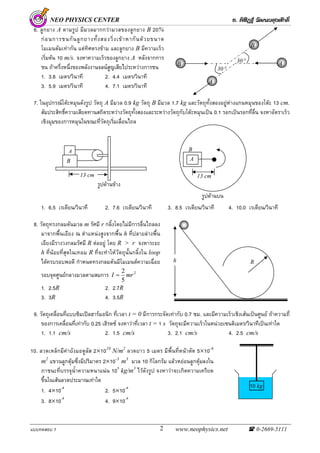 NEO PHYSICS CENTER อ. พิสิฏฐ วัฒนผดุงศักดิ์
แบบทดสอบ 1 www.neophysics.net 0-2669-51112
NEO
6. ลูกยาง A ตามรูป มีมวลมากกวามวลของลูกยาง B 20%
กอนการชนกันลูกยางทั้งสองวิ่งเขาหากันดวยขนาด
โมเมนตัมเทากัน แตทิศตรงขาม และลูกยาง B มีความเร็ว
เริ่มตน 10 m/s. จงหาความเร็วของลูกยาง A หลังจากการ
ชน ถาครึ่งหนึ่งของพลังงานจลนสูญเสียไประหวางการชน
1. 3.8 เมตร/วินาที 2. 4.4 เมตร/วินาที
3. 5.9 เมตร/วินาที 4. 7.1 เมตร/วินาที
7. ในอุปกรณโตะหมุนดังรูป วัตถุ A มีมวล 0.9 kg วัตถุ B มีมวล 1.7 kg และวัตถุทั้งสองอยูหางแกนหมุนของโตะ 13 cm.
สัมประสิทธิ์ความเสียดทานสถิตระหวางวัตถุทั้งสองและระหวางวัตถุกับโตะหมุนเปน 0.1 รอกเปนรอกที่ลื่น จงหาอัตราเร็ว
เชิงมุมของการหมุนในขณะที่วัตถุเริ่มเลื่อนไถล
1. 6.5 เรเดียน/วินาที 2. 7.6 เรเดียน/วินาที 3. 8.5 เรเดียน/วินาที 4. 10.0 เรเดียน/วินาที
8. วัตถุทรงกลมตันมวล m รัศมี r กลิ้งโดยไมมีการลื่นไถลลง
มาจากพื้นเอียง ณ ตําแหนงสูงจากพื้น h ที่ปลายลางพื้น
เอียงมีรางวงกลมรัศมี R ตออยู โดย R > r จงหาระยะ
h ที่นอยที่สุดในเทอม R ที่จะทําใหวัตถุนั้นกลิ้งใน loop
ไดครบรอบพอดี กําหนดทรงกลมตันมีโมเมนตความเฉื่อย
รอบจุดศูนยกลางมวลตามสมการ 2
5
2
mrI =
1. 2.5R 2. 2.7R
3. 3R 4. 3.5R
9. วัตถุเคลื่อนที่แบบซิมเปลฮารมอนิก ที่เวลา t = 0 มีการกระจัดเทากับ 0.7 ซม. และมีความเร็วเชิงเสนเปนศูนย ถาความถี่
ของการเคลื่อนที่เทากับ 0.25 เฮิรตซ จงหาวาที่เวลา t = 1 s วัตถุจะมีความเร็วในหนวยเซนติเมตร/วินาทีเปนเทาใด
1. 1.1 cm/s 2. 1.5 cm/s 3. 2.1 cm/s 4. 2.5 cm/s
10. ลวดเหล็กมีคายังมอดูลัส 2×1010
N/m2
ลวดยาว 5 เมตร มีพื้นที่หนาตัด 5×10-6
m2
แขวนลูกตุมซึ่งมีปริมาตร 2×10-3
m3
มวล 10 กิโลกรัม แลวหยอนลูกตุมลงใน
ภาชนะที่บรรจุน้ําความหนาแนน 103
kg/m3
ไวดังรูป จงหาวาจะเกิดความเครียด
ขึ้นในเสนลวดประมาณเทาใด
1. 4×10-4
2. 5×10-4
3. 8×10-4
4. 9×10-4
B A
B
A
30°
30°
B
A
13 cm
รูปดานขาง
A
B
13 cm
รูปดานบน
10 kg
h R
 