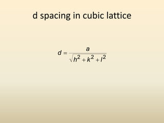 d spacing in cubic lattice

d

a
h2  k 2  l 2

 