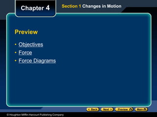 © Houghton Mifflin Harcourt Publishing Company
Preview
• Objectives
• Force
• Force Diagrams
Chapter 4 Section 1 Changes in Motion
 