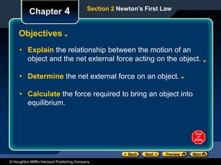 © Houghton Mifflin Harcourt Publishing Company
Section 2 Newton’s First Law
Chapter 4
Objectives
• Explain the relationship between the motion of an
object and the net external force acting on the object.
• Determine the net external force on an object.
• Calculate the force required to bring an object into
equilibrium.
 