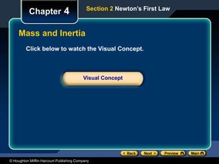 © Houghton Mifflin Harcourt Publishing Company
Click below to watch the Visual Concept.
Visual Concept
Chapter 4 Section 2 Newton’s First Law
Mass and Inertia
 