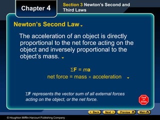 © Houghton Mifflin Harcourt Publishing Company
Chapter 4
Newton’s Second Law
The acceleration of an object is directly
proportional to the net force acting on the
object and inversely proportional to the
object’s mass.
F = ma
net force = mass  acceleration
Section 3 Newton’s Second and
Third Laws
F represents the vector sum of all external forces
acting on the object, or the net force.
 