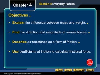 © Houghton Mifflin Harcourt Publishing Company
Section 4 Everyday Forces
Chapter 4
Objectives
• Explain the difference between mass and weight.
• Find the direction and magnitude of normal forces.
• Describe air resistance as a form of friction.
• Use coefficients of friction to calculate frictional force.
 