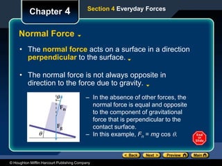 © Houghton Mifflin Harcourt Publishing Company
Chapter 4
Normal Force
Section 4 Everyday Forces
• The normal force acts on a surface in a direction
perpendicular to the surface.
• The normal force is not always opposite in
direction to the force due to gravity.
– In the absence of other forces, the
normal force is equal and opposite
to the component of gravitational
force that is perpendicular to the
contact surface.
– In this example, Fn = mg cos .
 