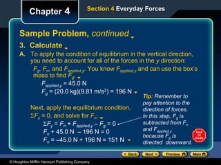 © Houghton Mifflin Harcourt Publishing Company
Chapter 4
Sample Problem, continued
Section 4 Everyday Forces
3. Calculate
A. To apply the condition of equilibrium in the vertical direction,
you need to account for all of the forces in the y direction:
Fg, Fn, and Fapplied,y. You know Fapplied,y and can use the box’s
mass to find Fg.
Fapplied,y = 45.0 N
Fg = (20.0 kg)(9.81 m/s2) = 196 N
Next, apply the equilibrium condition,
Fy = 0, and solve for Fn.
Fy = Fn + Fapplied,y – Fg = 0
Fn + 45.0 N – 196 N = 0
Fn = –45.0 N + 196 N = 151 N
Tip: Remember to
pay attention to the
direction of forces.
In this step, Fg is
subtracted from Fn
and Fapplied,y
because Fg is
directed downward.
 