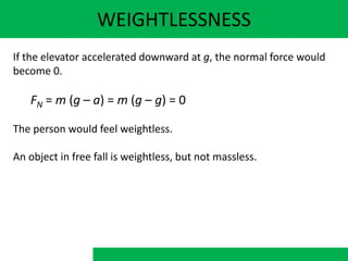 WEIGHTLESSNESS
If the elevator accelerated downward at g, the normal force would
become 0.
FN = m (g – a) = m (g – g) = 0
The person would feel weightless.
An object in free fall is weightless, but not massless.
 