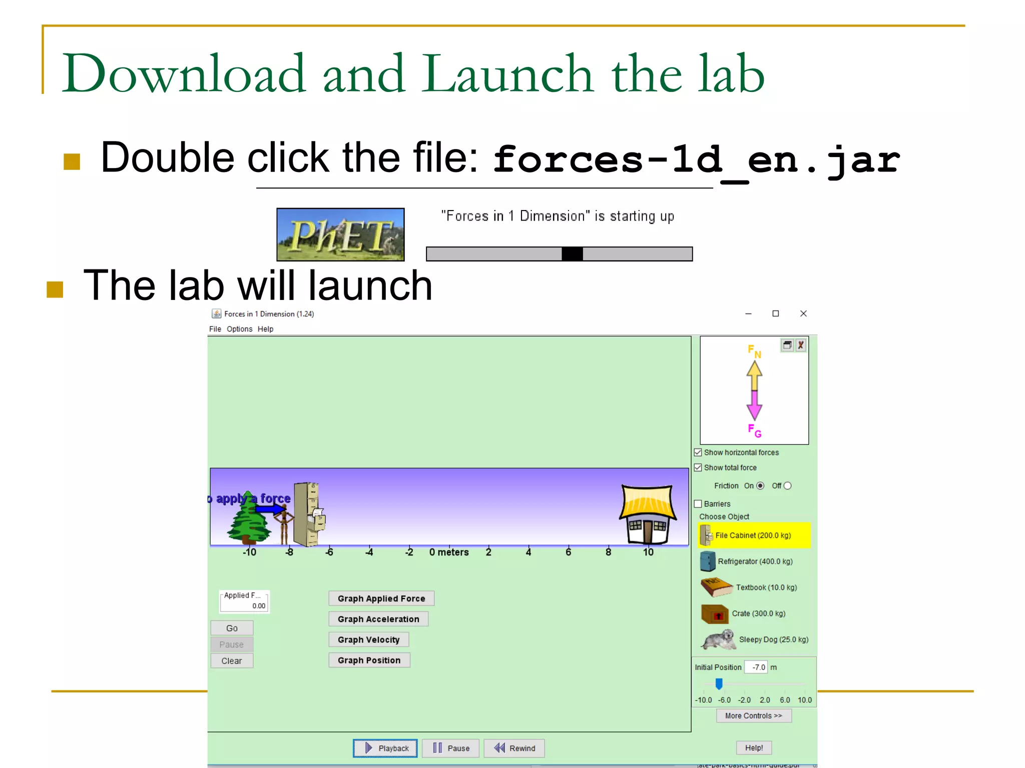 Download and Launch the lab
 Double click the file: forces-1d_en.jar
 The lab will launch
 