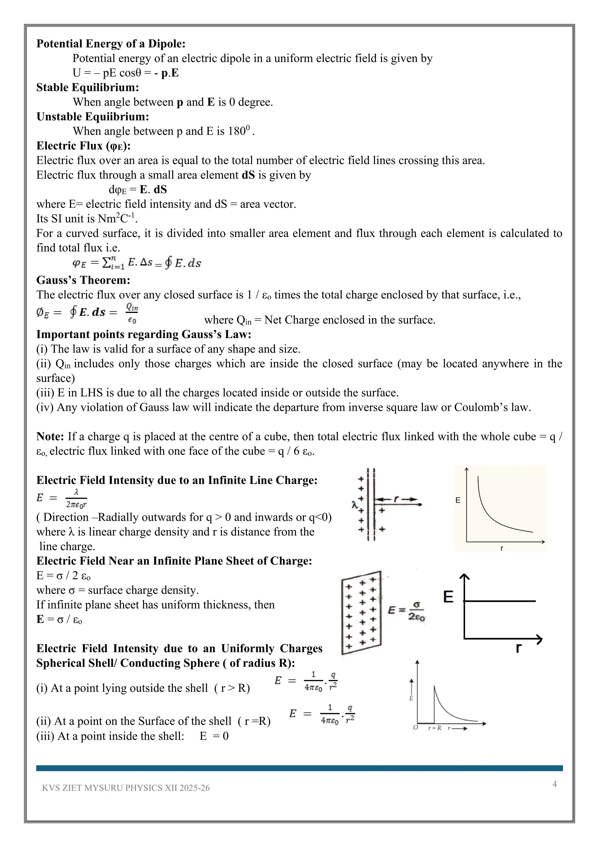 KVS ZIET MYSURU PHYSICS XII 2025-26 4
Potential Energy of a Dipole:
Potential energy of an electric dipole in a uniform electric field is given by
U = – pE cosθ = - p.E
Stable Equilibrium:
When angle between p and E is 0 degree.
Unstable Equiibrium:
When angle between p and E is 1800
.
Electric Flux (φE):
Electric flux over an area is equal to the total number of electric field lines crossing this area.
Electric flux through a small area element dS is given by
dφE = E. dS
where E= electric field intensity and dS = area vector.
Its SI unit is Nm2
C-1
.
For a curved surface, it is divided into smaller area element and flux through each element is calculated to
find total flux i.e.
=
Gauss’s Theorem:
The electric flux over any closed surface is 1 / εo times the total charge enclosed by that surface, i.e.,
where Qin = Net Charge enclosed in the surface.
Important points regarding Gauss’s Law:
(i) The law is valid for a surface of any shape and size.
(ii) Qin includes only those charges which are inside the closed surface (may be located anywhere in the
surface)
(iii) E in LHS is due to all the charges located inside or outside the surface.
(iv) Any violation of Gauss law will indicate the departure from inverse square law or Coulomb’s law.
Note: If a charge q is placed at the centre of a cube, then total electric flux linked with the whole cube = q /
εo, electric flux linked with one face of the cube = q / 6 εo.
Electric Field Intensity due to an Infinite Line Charge:
( Direction –Radially outwards for q > 0 and inwards or q<0)
where λ is linear charge density and r is distance from the
line charge.
Electric Field Near an Infinite Plane Sheet of Charge:
E = σ / 2 εo
where σ = surface charge density.
If infinite plane sheet has uniform thickness, then
E = σ / εo
Electric Field Intensity due to an Uniformly Charges
Spherical Shell/ Conducting Sphere ( of radius R):
(i) At a point lying outside the shell ( r > R)
(ii) At a point on the Surface of the shell ( r =R)
(iii) At a point inside the shell: E = 0
 