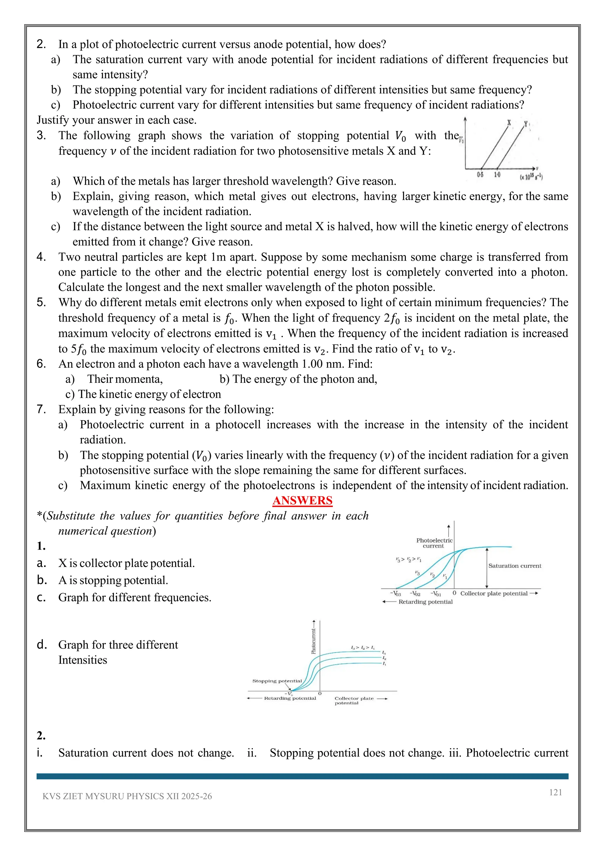KVS ZIET MYSURU PHYSICS XII 2025-26 121
2. In a plot of photoelectric current versus anode potential, how does?
a) The saturation current vary with anode potential for incident radiations of different frequencies but
same intensity?
b) The stopping potential vary for incident radiations of different intensities but same frequency?
c) Photoelectric current vary for different intensities but same frequency of incident radiations?
Justify your answer in each case.
3. The following graph shows the variation of stopping potential 𝑉0 with the
frequency 𝜈 of the incident radiation for two photosensitive metals X and Y:
a) Which of the metals has larger threshold wavelength? Give reason.
b) Explain, giving reason, which metal gives out electrons, having larger kinetic energy, for the same
wavelength of the incident radiation.
c) If the distance between the light source and metal X is halved, how will the kinetic energy of electrons
emitted from it change? Give reason.
4. Two neutral particles are kept 1m apart. Suppose by some mechanism some charge is transferred from
one particle to the other and the electric potential energy lost is completely converted into a photon.
Calculate the longest and the next smaller wavelength of the photon possible.
5. Why do different metals emit electrons only when exposed to light of certain minimum frequencies? The
threshold frequency of a metal is 𝑓0. When the light of frequency 2𝑓0 is incident on the metal plate, the
maximum velocity of electrons emitted is v1 . When the frequency of the incident radiation is increased
to 5𝑓0 the maximum velocity of electrons emitted is v2. Find the ratio of v1 to v2.
6. An electron and a photon each have a wavelength 1.00 nm. Find:
a) Their momenta, b) The energy of the photon and,
c) The kinetic energy of electron
7. Explain by giving reasons for the following:
a) Photoelectric current in a photocell increases with the increase in the intensity of the incident
radiation.
b) The stopping potential (𝑉0) varies linearly with the frequency (𝜈) of the incident radiation for a given
photosensitive surface with the slope remaining the same for different surfaces.
c) Maximum kinetic energy of the photoelectrons is independent of the intensity of incident radiation.
ANSWERS
*(Substitute the values for quantities before final answer in each
numerical question)
1.
a. X is collector plate potential.
b. A is stopping potential.
c. Graph for different frequencies.
d. Graph for three different
Intensities
2.
i. Saturation current does not change. ii. Stopping potential does not change. iii. Photoelectric current
 