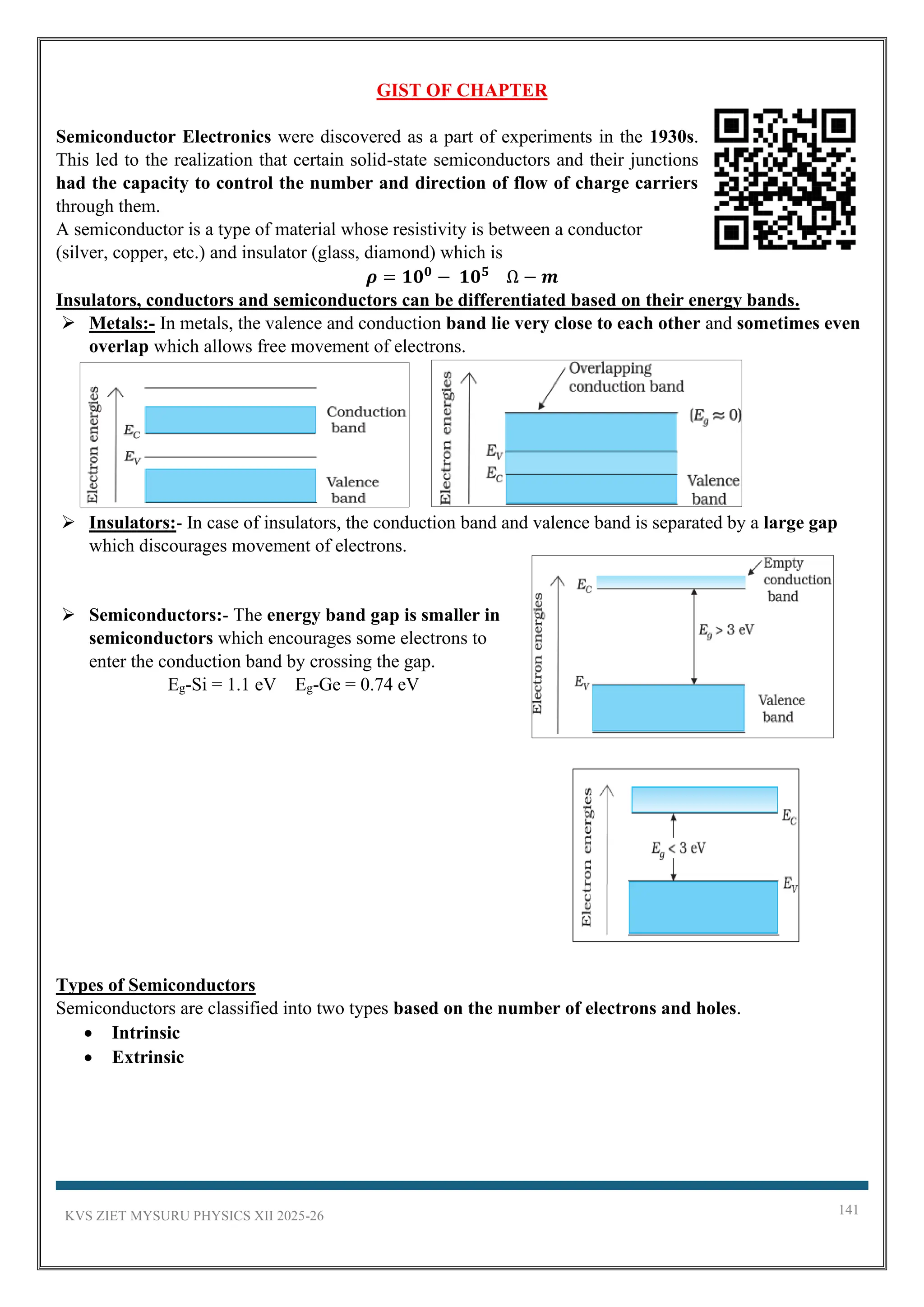 KVS ZIET MYSURU PHYSICS XII 2025-26 141
GIST OF CHAPTER
Semiconductor Electronics were discovered as a part of experiments in the 1930s.
This led to the realization that certain solid-state semiconductors and their junctions
had the capacity to control the number and direction of flow of charge carriers
through them.
A semiconductor is a type of material whose resistivity is between a conductor
(silver, copper, etc.) and insulator (glass, diamond) which is
𝝆 = 𝟏𝟎𝟎
− 𝟏𝟎𝟓
Ω − 𝒎
Insulators, conductors and semiconductors can be differentiated based on their energy bands.
➢ Metals:- In metals, the valence and conduction band lie very close to each other and sometimes even
overlap which allows free movement of electrons.
➢ Insulators:- In case of insulators, the conduction band and valence band is separated by a large gap
which discourages movement of electrons.
➢ Semiconductors:- The energy band gap is smaller in
semiconductors which encourages some electrons to
enter the conduction band by crossing the gap.
Eg-Si = 1.1 eV Eg-Ge = 0.74 eV
Types of Semiconductors
Semiconductors are classified into two types based on the number of electrons and holes.
• Intrinsic
• Extrinsic
 