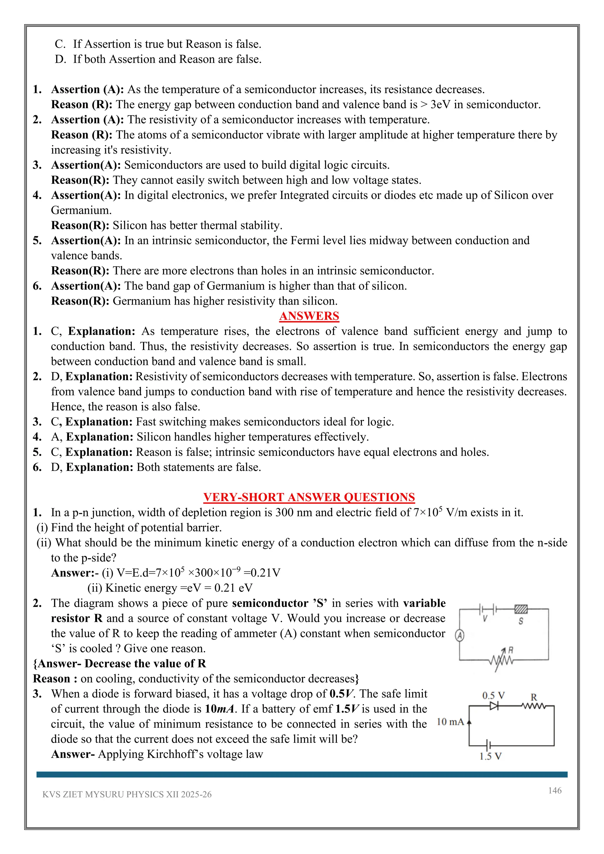 KVS ZIET MYSURU PHYSICS XII 2025-26 146
C. If Assertion is true but Reason is false.
D. If both Assertion and Reason are false.
1. Assertion (A): As the temperature of a semiconductor increases, its resistance decreases.
Reason (R): The energy gap between conduction band and valence band is > 3eV in semiconductor.
2. Assertion (A): The resistivity of a semiconductor increases with temperature.
Reason (R): The atoms of a semiconductor vibrate with larger amplitude at higher temperature there by
increasing it's resistivity.
3. Assertion(A): Semiconductors are used to build digital logic circuits.
Reason(R): They cannot easily switch between high and low voltage states.
4. Assertion(A): In digital electronics, we prefer Integrated circuits or diodes etc made up of Silicon over
Germanium.
Reason(R): Silicon has better thermal stability.
5. Assertion(A): In an intrinsic semiconductor, the Fermi level lies midway between conduction and
valence bands.
Reason(R): There are more electrons than holes in an intrinsic semiconductor.
6. Assertion(A): The band gap of Germanium is higher than that of silicon.
Reason(R): Germanium has higher resistivity than silicon.
ANSWERS
1. C, Explanation: As temperature rises, the electrons of valence band sufficient energy and jump to
conduction band. Thus, the resistivity decreases. So assertion is true. In semiconductors the energy gap
between conduction band and valence band is small.
2. D, Explanation: Resistivity of semiconductors decreases with temperature. So, assertion is false. Electrons
from valence band jumps to conduction band with rise of temperature and hence the resistivity decreases.
Hence, the reason is also false.
3. C, Explanation: Fast switching makes semiconductors ideal for logic.
4. A, Explanation: Silicon handles higher temperatures effectively.
5. C, Explanation: Reason is false; intrinsic semiconductors have equal electrons and holes.
6. D, Explanation: Both statements are false.
VERY-SHORT ANSWER QUESTIONS
1. In a p-n junction, width of depletion region is 300 nm and electric field of 7×105
V/m exists in it.
(i) Find the height of potential barrier.
(ii) What should be the minimum kinetic energy of a conduction electron which can diffuse from the n-side
to the p-side?
Answer:- (i) V=E.d=7×105
×300×10−9
=0.21V
(ii) Kinetic energy =eV = 0.21 eV
2. The diagram shows a piece of pure semiconductor ’S’ in series with variable
resistor R and a source of constant voltage V. Would you increase or decrease
the value of R to keep the reading of ammeter (A) constant when semiconductor
‘S’ is cooled ? Give one reason.
{Answer- Decrease the value of R
Reason : on cooling, conductivity of the semiconductor decreases}
3. When a diode is forward biased, it has a voltage drop of 0.5V. The safe limit
of current through the diode is 10mA. If a battery of emf 1.5V is used in the
circuit, the value of minimum resistance to be connected in series with the
diode so that the current does not exceed the safe limit will be?
Answer- Applying Kirchhoff’s voltage law
 
