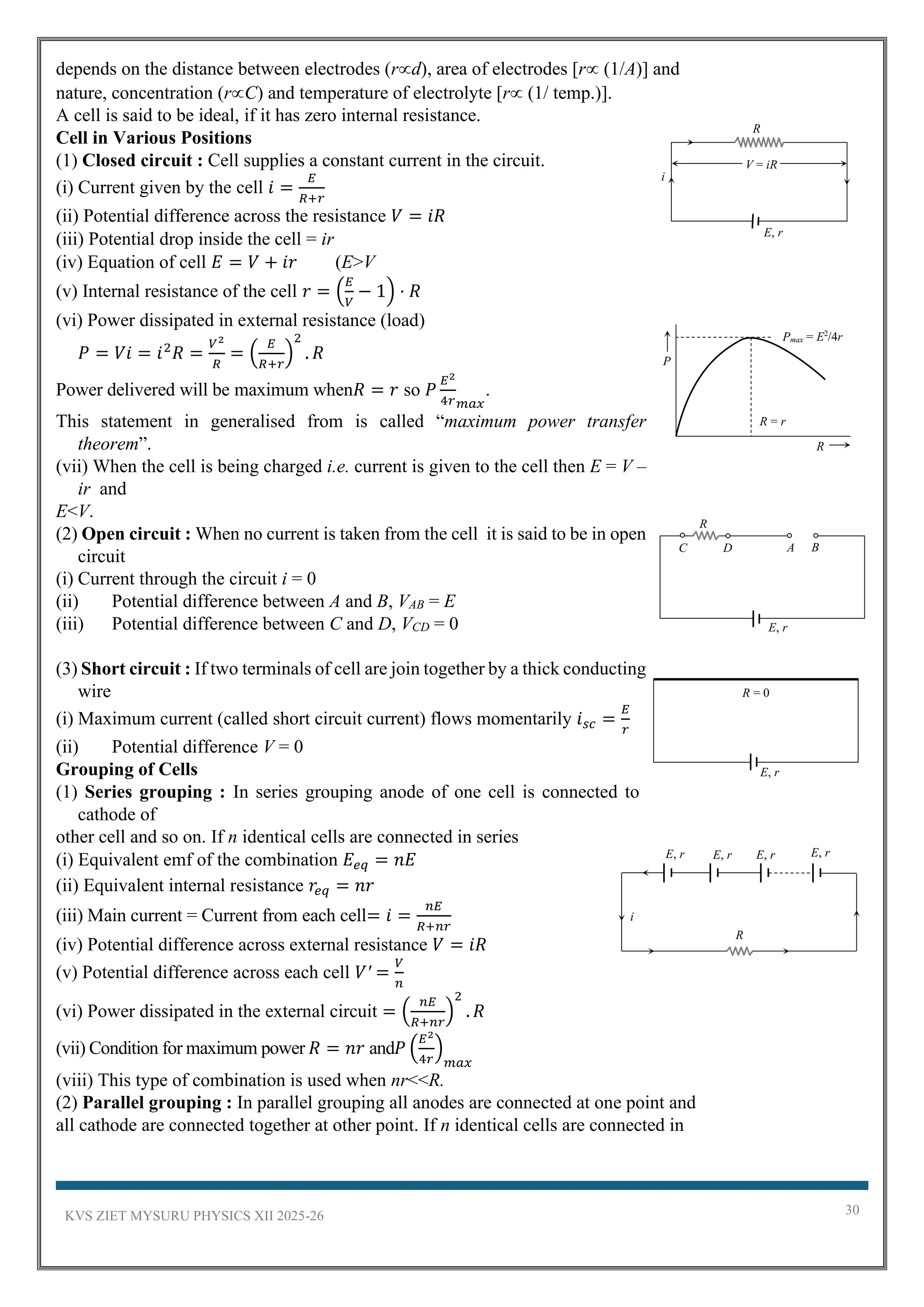 KVS ZIET MYSURU PHYSICS XII 2025-26 30
depends on the distance between electrodes (rd), area of electrodes [r (1/A)] and
nature, concentration (rC) and temperature of electrolyte [r (1/ temp.)].
A cell is said to be ideal, if it has zero internal resistance.
Cell in Various Positions
(1) Closed circuit : Cell supplies a constant current in the circuit.
(i) Current given by the cell 𝑖 =
𝐸
𝑅+𝑟
(ii) Potential difference across the resistance 𝑉 = 𝑖𝑅
(iii) Potential drop inside the cell = ir
(iv) Equation of cell 𝐸 = 𝑉 + 𝑖𝑟 (E>V
(v) Internal resistance of the cell 𝑟 = (
𝐸
𝑉
− 1) ⋅ 𝑅
(vi) Power dissipated in external resistance (load)
𝑃 = 𝑉𝑖 = 𝑖2
𝑅 =
𝑉2
𝑅
= (
𝐸
𝑅+𝑟
)
2
. 𝑅
Power delivered will be maximum when𝑅 = 𝑟 so 𝑃
𝐸2
4𝑟𝑚𝑎𝑥
.
This statement in generalised from is called “maximum power transfer
theorem”.
(vii) When the cell is being charged i.e. current is given to the cell then E = V –
ir and
E<V.
(2) Open circuit : When no current is taken from the cell it is said to be in open
circuit
(i) Current through the circuit i = 0
(ii) Potential difference between A and B, VAB = E
(iii) Potential difference between C and D, VCD = 0
(3) Short circuit : If two terminals of cell are join together by a thick conducting
wire
(i) Maximum current (called short circuit current) flows momentarily 𝑖𝑠𝑐 =
𝐸
𝑟
(ii) Potential difference V = 0
Grouping of Cells
(1) Series grouping : In series grouping anode of one cell is connected to
cathode of
other cell and so on. If n identical cells are connected in series
(i) Equivalent emf of the combination 𝐸𝑒𝑞 = 𝑛𝐸
(ii) Equivalent internal resistance 𝑟𝑒𝑞 = 𝑛𝑟
(iii) Main current = Current from each cell= 𝑖 =
𝑛𝐸
𝑅+𝑛𝑟
(iv) Potential difference across external resistance 𝑉 = 𝑖𝑅
(v) Potential difference across each cell 𝑉′ =
𝑉
𝑛
(vi) Power dissipated in the external circuit = (
𝑛𝐸
𝑅+𝑛𝑟
)
2
. 𝑅
(vii) Condition for maximum power 𝑅 = 𝑛𝑟 and𝑃 (
𝐸2
4𝑟
)
𝑚𝑎𝑥
(viii) This type of combination is used when nr<<R.
(2) Parallel grouping : In parallel grouping all anodes are connected at one point and
all cathode are connected together at other point. If n identical cells are connected in
E, r
R
A
D
C B
P
Pmax = E2
/4r
R = r
R
R = 0
E, r
E, r
R
E, r E, r E, r
i
E, r
R
i
V = iR
 