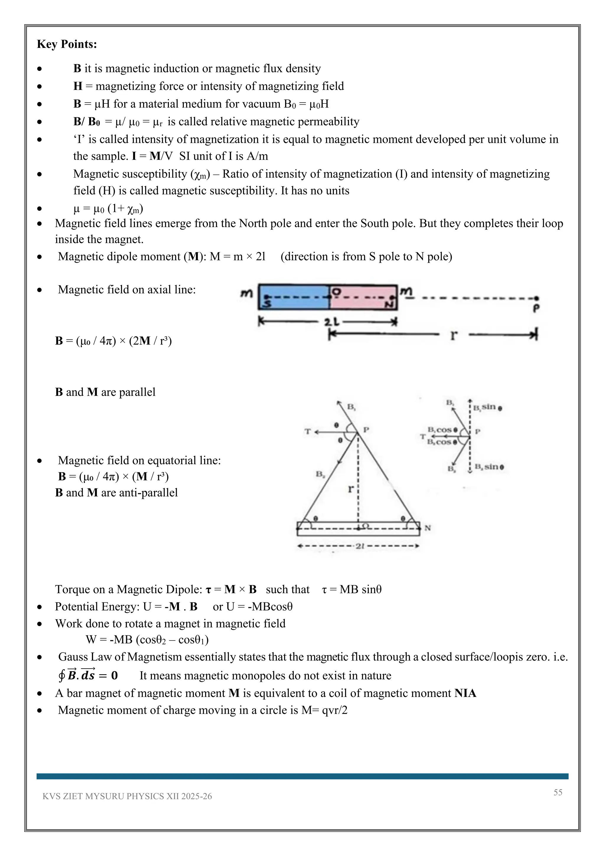 KVS ZIET MYSURU PHYSICS XII 2025-26 55
Key Points:
• B it is magnetic induction or magnetic flux density
• H = magnetizing force or intensity of magnetizing field
• B = µH for a material medium for vacuum B0 = µ0H
• B/ B0 = µ/ µ0 = µr is called relative magnetic permeability
• ‘I’ is called intensity of magnetization it is equal to magnetic moment developed per unit volume in
the sample. I = M/V SI unit of I is A/m
• Magnetic susceptibility (χm) – Ratio of intensity of magnetization (I) and intensity of magnetizing
field (H) is called magnetic susceptibility. It has no units
• µ = µ0 (1+ χm)
• Magnetic field lines emerge from the North pole and enter the South pole. But they completes their loop
inside the magnet.
• Magnetic dipole moment (M): M = m × 2l (direction is from S pole to N pole)
• Magnetic field on axial line:
B = (μ₀ / 4π) × (2M / r³)
B and M are parallel
• Magnetic field on equatorial line:
B = (μ₀ / 4π) × (M / r³)
B and M are anti-parallel
Torque on a Magnetic Dipole: τ = M × B such that τ = MB sinθ
• Potential Energy: U = -M . B or U = -MBcosθ
• Work done to rotate a magnet in magnetic field
W = -MB (cosθ2 – cosθ1)
• Gauss Law of Magnetism essentially states that the magnetic flux through a closed surface/loopis zero. i.e.
∮ 𝑩
⃗⃗ . 𝒅𝒔
⃗⃗⃗⃗ = 𝟎 It means magnetic monopoles do not exist in nature
• A bar magnet of magnetic moment M is equivalent to a coil of magnetic moment NIA
• Magnetic moment of charge moving in a circle is M= qvr/2
 