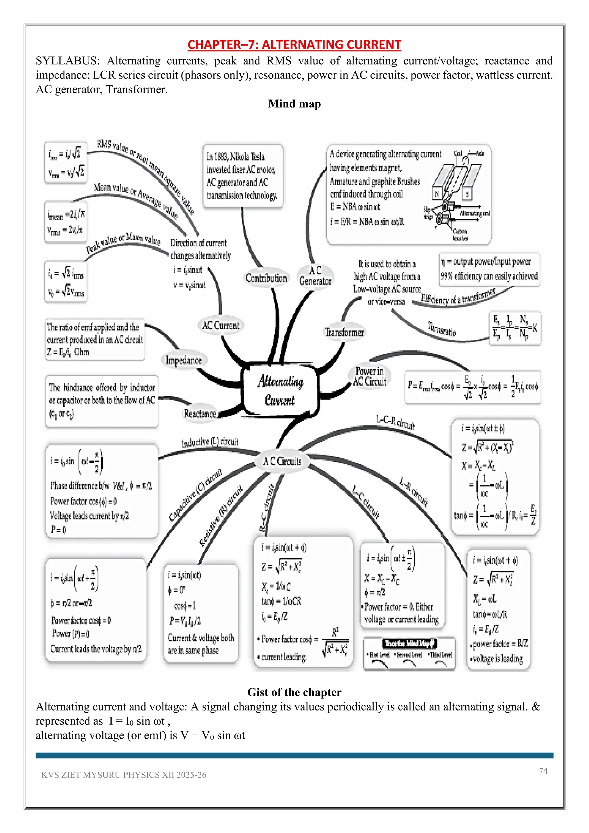 KVS ZIET MYSURU PHYSICS XII 2025-26 74
CHAPTER–7: ALTERNATING CURRENT
SYLLABUS: Alternating currents, peak and RMS value of alternating current/voltage; reactance and
impedance; LCR series circuit (phasors only), resonance, power in AC circuits, power factor, wattless current.
AC generator, Transformer.
Mind map
Gist of the chapter
Alternating current and voltage: A signal changing its values periodically is called an alternating signal. &
represented as I = I0 sin ωt ,
alternating voltage (or emf) is V = V0 sin ωt
 