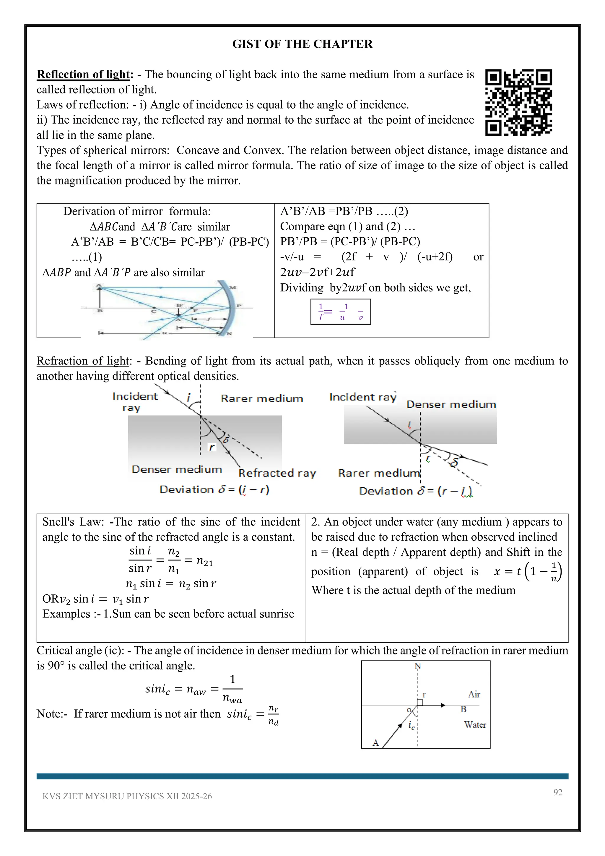 KVS ZIET MYSURU PHYSICS XII 2025-26 92
GIST OF THE CHAPTER
Reflection of light: - The bouncing of light back into the same medium from a surface is
called reflection of light.
Laws of reflection: - i) Angle of incidence is equal to the angle of incidence.
ii) The incidence ray, the reflected ray and normal to the surface at the point of incidence
all lie in the same plane.
Types of spherical mirrors: Concave and Convex. The relation between object distance, image distance and
the focal length of a mirror is called mirror formula. The ratio of size of image to the size of object is called
the magnification produced by the mirror.
Derivation of mirror formula:
∆𝐴𝐵𝐶and ∆𝐴´𝐵´𝐶are similar
A’B’/AB = B’C/CB= PC-PB’)/ (PB-PC)
…..(1)
∆𝐴𝐵𝑃 and ∆𝐴´𝐵´𝑃 are also similar
A’B’/AB =PB’/PB …..(2)
Compare eqn (1) and (2) …
PB’/PB = (PC-PB’)/ (PB-PC)
-v/-u = (2f + v )/ (-u+2f) or
2𝑢𝑣=2𝑣f+2𝑢f
Dividing by2𝑢𝑣f on both sides we get,
Refraction of light: - Bending of light from its actual path, when it passes obliquely from one medium to
another having different optical densities.
Snell's Law: -The ratio of the sine of the incident
angle to the sine of the refracted angle is a constant.
sin 𝑖
sin 𝑟
=
𝑛2
𝑛1
= 𝑛21
𝑛1 sin 𝑖 = 𝑛2 sin 𝑟
OR𝑣2 sin 𝑖 = 𝑣1 sin 𝑟
Examples :- 1.Sun can be seen before actual sunrise
2. An object under water (any medium ) appears to
be raised due to refraction when observed inclined
n = (Real depth / Apparent depth) and Shift in the
position (apparent) of object is 𝑥 = 𝑡 (1 −
1
𝑛
)
Where t is the actual depth of the medium
Critical angle (ic): - The angle of incidence in denser medium for which the angle of refraction in rarer medium
is 90° is called the critical angle.
𝑠𝑖𝑛𝑖𝑐 = 𝑛𝑎𝑤 =
1
𝑛𝑤𝑎
Note:- If rarer medium is not air then 𝑠𝑖𝑛𝑖𝑐 =
𝑛𝑟
𝑛𝑑
 