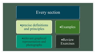 Every section
precise definitions
and principles
relevant graphical
representation and
photographs
Examples
Review
Exercises
 