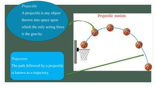 Projectile
A projectile is any object
thrown into space upon
which the only acting force
is the gravity.
Trajectory
The path followed by a projectile
is known as a trajectory.
 