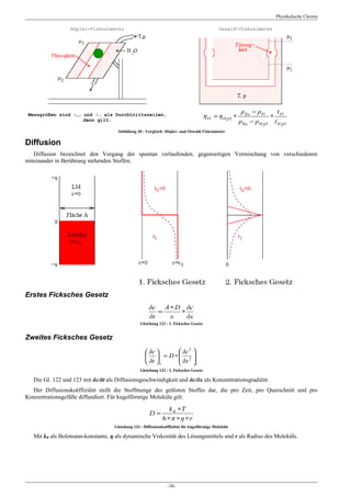 Physikalische Chemie

                  Höpler-Viskosimeter                                                        Oswald-Viskosimeter




                                                                                                         ρ Ku − ρ Fl    t
 Messgrößen sind tH2O und tFl als Durchtrittszeiten,                                    ηFl = ηH 2O ∗                ∗ Fl
                      dann gilt:                                                                        ρ Ku − ρ H 2O t H 2O
                                     Abbildung 30 : Vergleich: Höpler- und Oswald-Viskosimeter

Diffusion
   Diffusion bezeichnet den Vorgang der spontan verlaufenden, gegenseitigen Vermischung von verschiedenen
miteinander in Berührung stehenden Stoffen.




Erstes Ficksches Gesetz
                                                       δc A ∗ D δc
                                                          =    ∗
                                                       δt   υ    δx
                                                  Gleichung 122 : 1. Ficksches Gesetz


Zweites Ficksches Gesetz

                                                     δc     δc 2 
                                                      = D ∗ 2 
                                                              δx 
                                                     δt  x       t
                                                  Gleichung 123 : 2. Ficksches Gesetz

   Die Gl. 122 und 123 mit δc/δt als Diffusionsgeschwindigkeit und δc/δx als Konzentrationsgradiënt.
  Der Diffusionskoëffiziënt stellt die Stoffmenge des gelösten Stoffes dar, die pro Zeit, pro Querschnitt und pro
Konzentrationsgefälle diffundiert. Für kugelförmige Moleküle gilt:

                                                                 k B ∗T
                                                       D=
                                                              6 ∗π ∗η ∗r
                                    Gleichung 124 : Diffusionskoëffiziënt für kugelförmige Moleküle

   Mit kB als Bolzmann-konstante, η als dynamische Viskosität des Lösungsmittels und r als Radius des Moleküls.




                                                                 -38-
 
