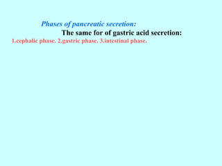 Phases of pancreatic secretion:
The same for of gastric acid secretion:
1.cephalic phase. 2.gastric phase. 3.intestinal phase.
 