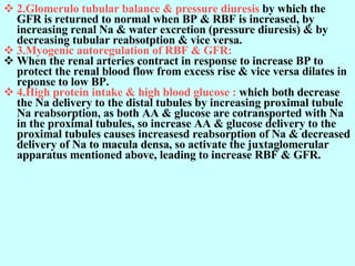 2.Glomerulo tubular balance & pressure diuresis  by which the GFR is returned to normal when BP & RBF is increased, by increasing renal Na & water excretion (pressure diuresis) & by decreasing tubular reabsotption & vice versa. 3.Myogenic autoregulation of RBF & GFR:   When the renal arteries contract in response to increase BP to protect the renal blood flow from excess rise & vice versa dilates in reponse to low BP. 4.High protein intake & high blood glucose :  which both decrease the Na delivery to the distal tubules by increasing proximal tubule Na reabsorption, as both AA & glucose are cotransported with Na in the proximal tubules, so increase AA & glucose delivery to the proximal tubules causes increasesd reabsorption of Na & decreased delivery of Na to macula densa, so activate the juxtaglomerular apparatus mentioned above, leading to increase RBF & GFR.       