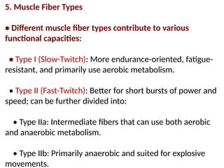 5. Muscle Fiber Types
• Different muscle fiber types contribute to various
functional capacities:
• Type I (Slow-Twitch): More endurance-oriented, fatigue-
resistant, and primarily use aerobic metabolism.
• Type II (Fast-Twitch): Better for short bursts of power and
speed; can be further divided into:
• Type IIa: Intermediate fibers that can use both aerobic
and anaerobic metabolism.
• Type IIb: Primarily anaerobic and suited for explosive
movements.
 