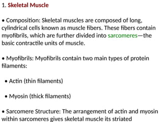 1. Skeletal Muscle
• Composition: Skeletal muscles are composed of long,
cylindrical cells known as muscle fibers. These fibers contain
myofibrils, which are further divided into sarcomeres—the
basic contractile units of muscle.
• Myofibrils: Myofibrils contain two main types of protein
filaments:
• Actin (thin filaments)
• Myosin (thick filaments)
• Sarcomere Structure: The arrangement of actin and myosin
within sarcomeres gives skeletal muscle its striated
 