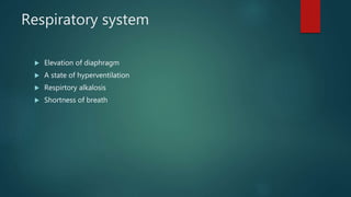 Respiratory system
 Elevation of diaphragm
 A state of hyperventilation
 Respirtory alkalosis
 Shortness of breath
 