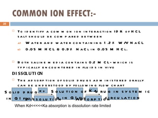 COMMO N  ION EFFECT:- To identify a common ion interaction IDR of HCL salt should be compared between  Water and water containing 1.2% W/V NaCL 0.05 M HCL & 0.9% NaCl in 0.05 M HCl.  Both saline media contains 0.2 M CL- which is typically encountered in fluids in vivo DISSOLUTION The adsorption of solid drugs administered orally can be understood by following flow chart  Solid drug in GI fluid Solution of  drug in GI fluid Drug in systemic circulation Dissolution Absorption Kd Ka When Kd<<<<<Ka absorption is dissolution rate limited 