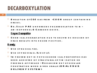 DECARBOXYLATION Evolution of C02 gas from -COOH group containing drugs. Eg. Solid PAS undergoes decarboxlation to m- aminophenol & Carbondioxide. Enzyme Decomposition Chemical degradation due to enzymes induced by drug results into decomposition. Remedy: Use of buccal tab. Use of pro-drug. (L-dopa). Improvement in physicochemical properties has been achieved by structural optimization or prodrug approach - Enhancement of occular penetration when given orally.(ORAL DRUG DELIVERY SYSTEM) 