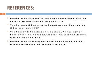 REFERENCES: Pharmaceutics- The science of Dosage Form Design by M. E. Aulton.(2nd edition): pg.113 The Science & Practice of Pharmacy by Remington. (19th edition): 1447 The Theory & Practice of Industrial Pharmacy by Leon Lachman, HerbetA. Lieberman, Joseph L. Kaing. (3rd edition): pg. 171 Pharmaceutical Dosage Forms by Leon Lachman, Herbet A. Lieberman; (Volume I):  pg. 1 