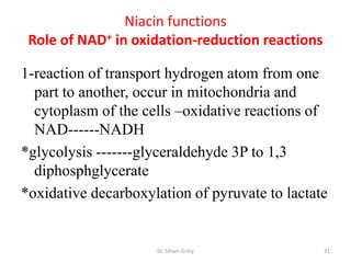 Niacin functions
 Role of NAD+ in oxidation-reduction reactions

1-reaction of transport hydrogen atom from one
  part to another, occur in mitochondria and
  cytoplasm of the cells –oxidative reactions of
  NAD------NADH
*glycolysis -------glyceraldehyde 3P to 1,3
  diphosphglycerate
*oxidative decarboxylation of pyruvate to lactate


                     Dr. Siham Gritly            31
 